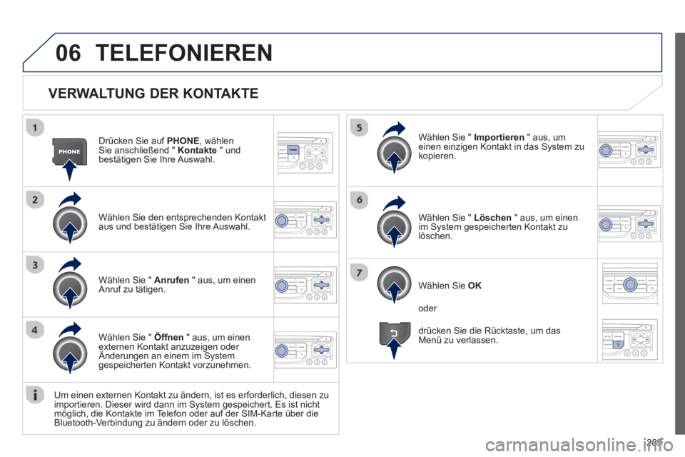 PEUGEOT 3008 2012.5  Betriebsanleitungen (in German) 289
06
   VERWALTUNG DER KONTAKTE
Drücken Sie auf  PHONE, wählen Sie anschließend " Kontakte 
 " und 
bestätigen Sie Ihre Auswahl.  
Wählen 
Sie den entsprechenden Kontakt aus und bestätigen Sie