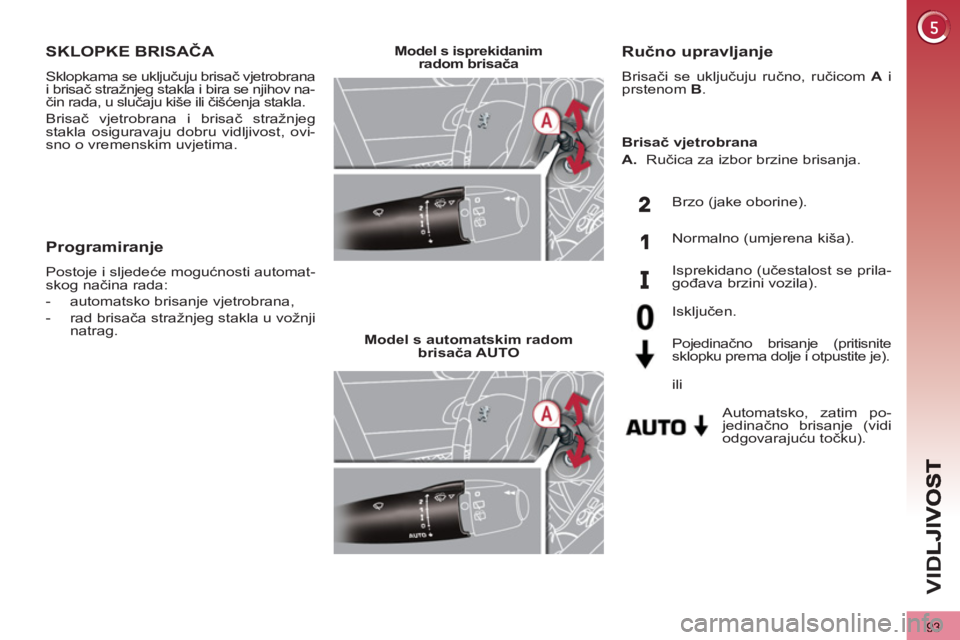 PEUGEOT 3008 2012.5  Upute Za Rukovanje (in Croatian) 93
VID
SKLOPKE BRISAČA 
 
Sklopkama se uključuju brisač vjetrobrana 
i brisač stražnjeg stakla i bira se njihov na-
čin rada, u slučaju kiše ili čišćenja stakla. 
  Brisač vjetrobrana i br