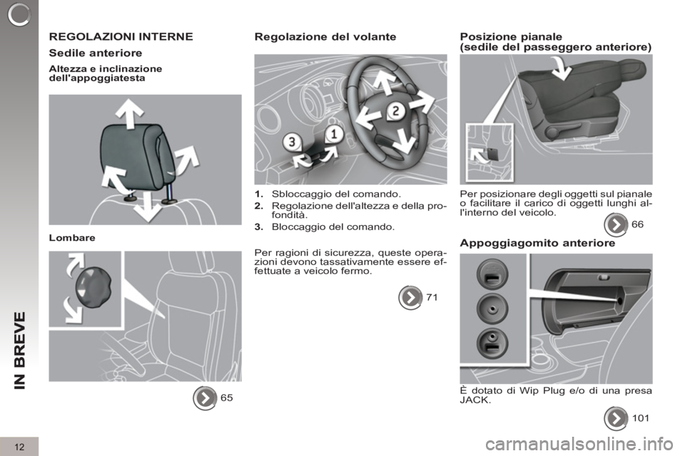 PEUGEOT 3008 2012.5  Manuale duso (in Italian) 12
  REGOLAZIONI INTERNE
   
Sedile anteriore
 
 
Altezza e inclinazione 
dellappoggiatesta  
   
Lombare 
  65  
 
Regolazione del volante 
 
 
 
1. 
  Sbloccaggio del comando. 
   
2. 
  Regolazion