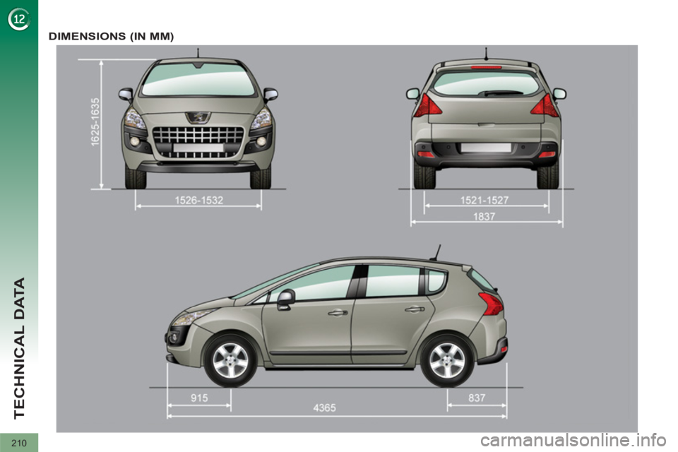 PEUGEOT 3008 2012  Owners Manual 210
TECHNICAL DATA
   
 
 
 
 
DIMENSIONS (IN MM)  