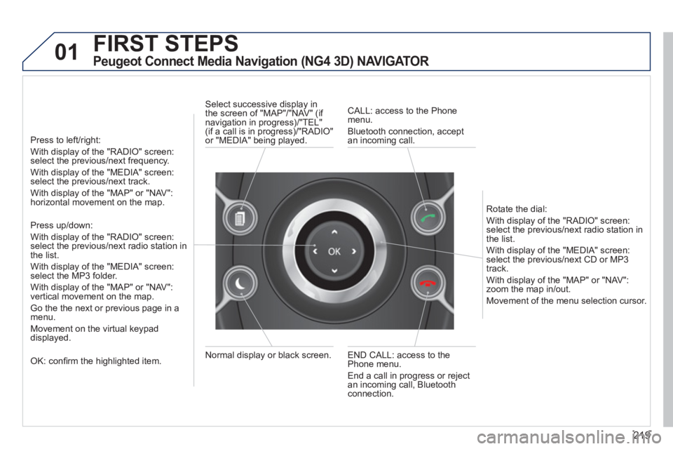 PEUGEOT 3008 2012 Owners Manual 219
01 FIRST STEPS
Peugeot Connect Media Navigation (NG4 3D) NAVIGATOR
Press to left/right:
With display of the "RADIO" screen:
select the previous/next frequency.
With display of the PEUGEOT 3008 2012 Owners Manual 219
01 FIRST STEPS
Peugeot Connect Media Navigation (NG4 3D) NAVIGATOR
Press to left/right:
With display of the "RADIO" screen:
select the previous/next frequency.
With display of the