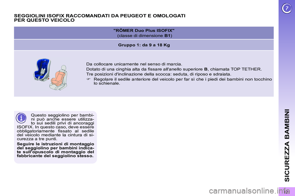 PEUGEOT 3008 2012  Manuale duso (in Italian) 121
SICUREZZA BAMBINI
  Questo seggiolino per bambi-
ni può anche essere utilizza-
to sui sedili privi di ancoraggi 
ISOFIX. In questo caso, deve essere 
obbligatoriamente ﬁ ssato al sedile 
del ve