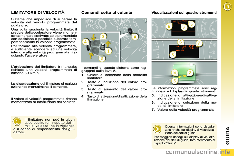 PEUGEOT 3008 2012  Manuale duso (in Italian) 149
GUIDA
   
 
 
 
 
LIMITATORE DI VELOCITÀ 
 
I comandi di questo sistema sono rag-
gruppati sulla leva  A 
. 
   
 
1. 
  Ghiera di selezione della modalità 
limitatore 
   
2. 
  Tasto di riduzi