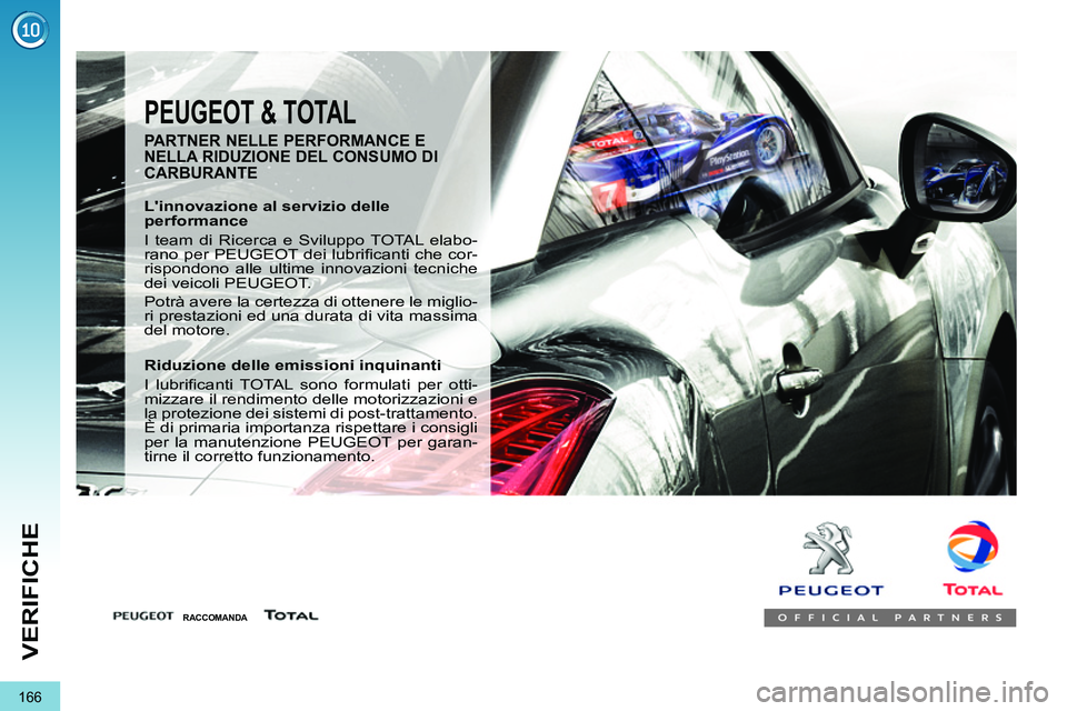 PEUGEOT 3008 2012  Manuale duso (in Italian) 166
VERIFICHE
  PEUGEOT & TOTAL 
 
 
PARTNER NELLE PERFORMANCE E 
NELLA RIDUZIONE DEL CONSUMO DI 
CARBURANTE 
   
Linnovazione al servizio delle 
performance 
  I team di Ricerca e Sviluppo TOTAL ela