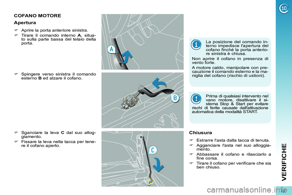 PEUGEOT 3008 2012  Manuale duso (in Italian) 167
VERIFICHE
   
 
 
 
 
 
 
 
 
 
 
COFANO MOTORE 
 
 
�) 
  Spingere verso sinistra il comando 
esterno  B 
 ed alzare il cofano. 
   
�) 
  Sganciare la leva  C 
 dal suo allog-
giamento. 
   
�) 