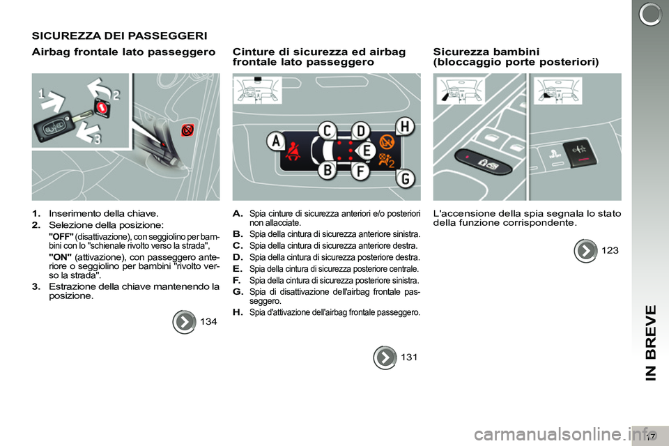 PEUGEOT 3008 2012 Manuale duso (in Italian) 17
IN BREVE
SICUREZZA DEI PASSEGGERI
Airbag frontale lato passeggero
1.
Inserimento della chiave.
2.
Selezione della posizione:
"OFF"
(disattivazione), con seggiolino PEUGEOT 3008 2012 Manuale duso (in Italian) 17
IN BREVE
SICUREZZA DEI PASSEGGERI
Airbag frontale lato passeggero
1.
Inserimento della chiave.
2.
Selezione della posizione:
"OFF"
(disattivazione), con seggiolino