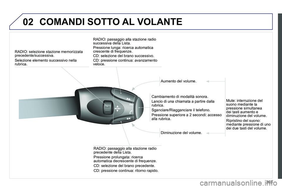 PEUGEOT 3008 2012  Manuale duso (in Italian) 263
02  COMANDI SOTTO AL VOLANTE 
 
 
 
RADIO: selezione stazione memorizzata 
precedente/successiva. 
  Selezione elemento successivo nella 
rubrica.     
RADIO: passaggio alla stazione radio 
succes