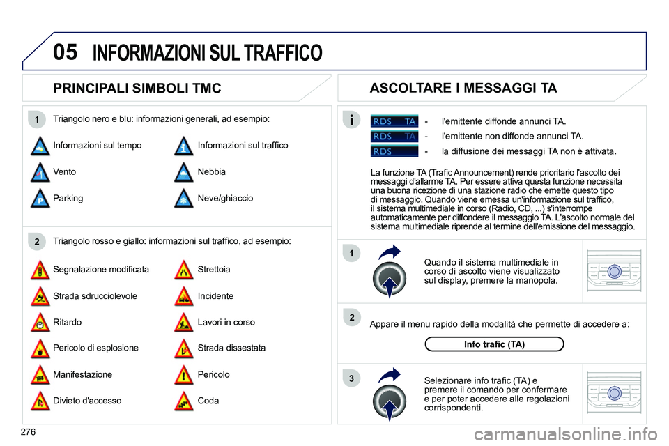 PEUGEOT 3008 2012 Manuale duso (in Italian) 276
05
2 1
3
2 1
PRINCIPALI SIMBOLI TMC
Quando il sistema multimediale in
corso di ascolto viene visualizzato
sul display, premere la manopola.
Appare il menu rapido della m PEUGEOT 3008 2012 Manuale duso (in Italian) 276
05
2 1
3
2 1
PRINCIPALI SIMBOLI TMC
Quando il sistema multimediale in
corso di ascolto viene visualizzato
sul display, premere la manopola.
Appare il menu rapido della m