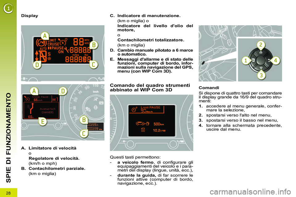 PEUGEOT 3008 2012 Manuale duso (in Italian) 28
SPIE DI FUNZIONAMENTO
Display
Comando del quadro strumenti
abbinato al WIP Com 3D
Questi tasti permettono:
- a veicolo fermo
, di confi gurare gli
equipagg PEUGEOT 3008 2012 Manuale duso (in Italian) 28
SPIE DI FUNZIONAMENTO
Display
Comando del quadro strumenti
abbinato al WIP Com 3D
Questi tasti permettono:
- a veicolo fermo
, di confi gurare gli
equipagg