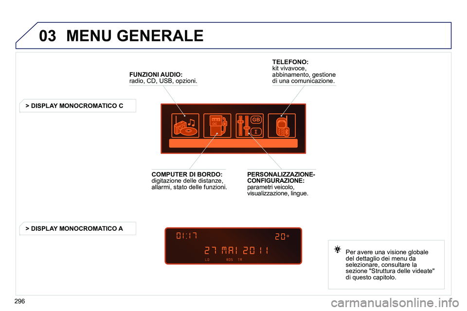 PEUGEOT 3008 2012  Manuale duso (in Italian) 296
03  MENU GENERALE 
 
 
 
FUNZIONI AUDIO: 
 
radio, CD, USB, opzioni.  
   
 
 
 
 
 
 
 
> DISPLAY MONOCROMATICO C  
   
Per avere una visione globale 
del dettaglio dei menu da 
selezionare, cons