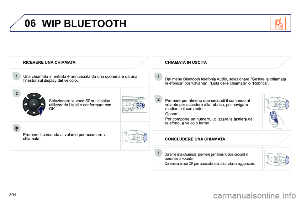 PEUGEOT 3008 2012  Manuale duso (in Italian) 304
06
1
2
1
2
1
OK
   
RICEVERE UNA CHIAMATA  
   
Una chiamata in entrata è annunciata da una suoneria e da una 
ﬁ nestra sul display del veicolo.  
   
Selezionare la voce SI sul display 
utili