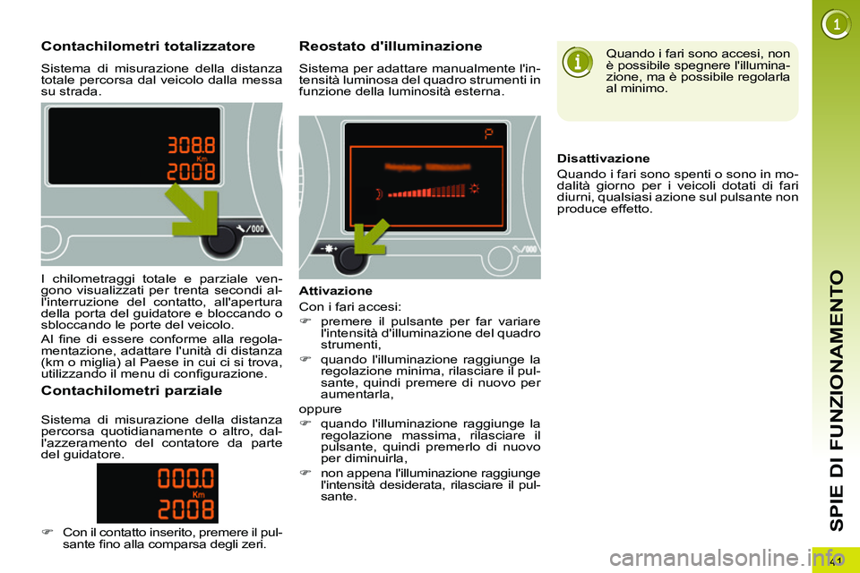 PEUGEOT 3008 2012 Manuale duso (in Italian) 41
SPIE DI FUNZIONAMENTO
Contachilometri totalizzatore
Sistema di misurazione della distanza
totale percorsa dal veicolo dalla messa
su strada.
Reos PEUGEOT 3008 2012 Manuale duso (in Italian) 41
SPIE DI FUNZIONAMENTO
Contachilometri totalizzatore
Sistema di misurazione della distanza
totale percorsa dal veicolo dalla messa
su strada.
Reos