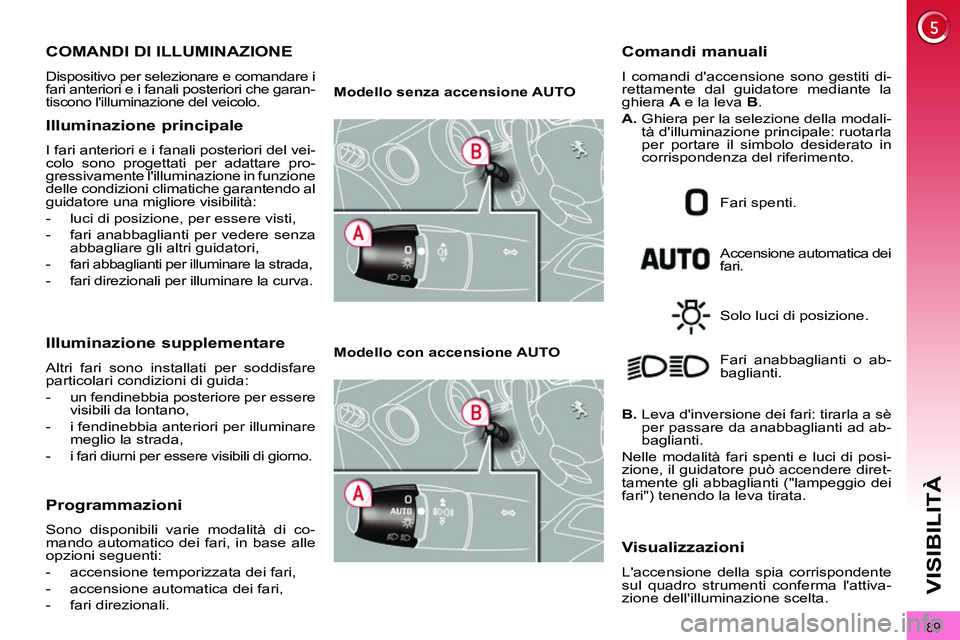 PEUGEOT 3008 2012 Manuale duso (in Italian) 89
VISIBILITÀ
COMANDI DI ILLUMINAZIONE
Dispositivo per selezionare e comandare i
fari anteriori e i fanali posteriori che garan-
tiscono lilluminazione del veicolo. PEUGEOT 3008 2012 Manuale duso (in Italian) 89
VISIBILITÀ
COMANDI DI ILLUMINAZIONE
Dispositivo per selezionare e comandare i
fari anteriori e i fanali posteriori che garan-
tiscono lilluminazione del veicolo.
