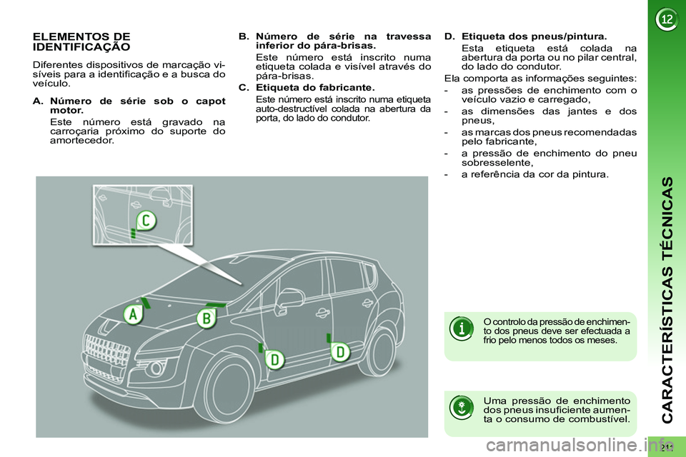 PEUGEOT 3008 2012  Manual de utilização (in Portuguese) 211
CARACTERÍSTICAS TÉCNICAS
   
 
 
 
 
 
 
 
 
 
 
 
 
 
 
 
 
 
 
 
 
 
 
ELEMENTOS DE 
IDENTIFICAÇÃO 
  Diferentes dispositivos de marcação vi-
síveis para a identiﬁ cação e a busca do 