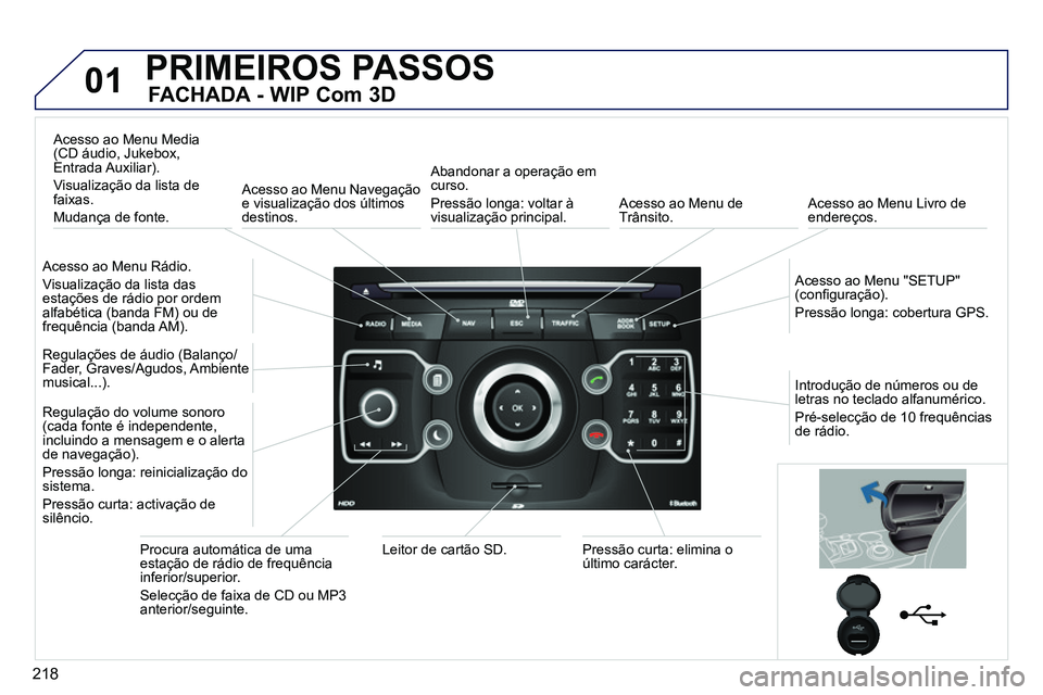 PEUGEOT 3008 2012  Manual de utilização (in Portuguese) 218
01  PRIMEIROS PASSOS 
 
 
FACHADA - WIP Com 3D 
 
 
Acesso ao Menu Rádio. 
  Visualização da lista das 
estações de rádio por ordem 
alfabética (banda FM) ou de 
frequência (banda AM).  
 