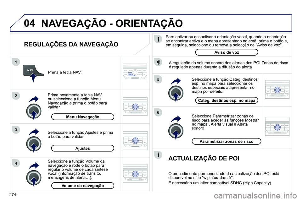 PEUGEOT 3008 2012  Manual de utilização (in Portuguese) 274
04
5
6
3 2 1
4
   
REGULAÇÕES DA NAVEGAÇÃO 
 
 
Seleccione  Parametrizar zonas de 
risco  para aceder às funções  Mostrar 
no mapa  ,  Alerta visual  e  Alerta 
sonoro       
Seleccione a f