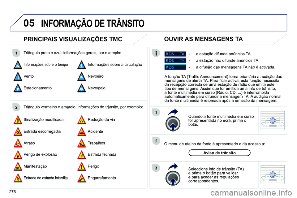 PEUGEOT 3008 2012  Manual de utilização (in Portuguese) 276
05
2 1
3
2 1
   
 
 
 
 
 
PRINCIPAIS VISUALIZAÇÕES TMC 
 
 
Quando a fonte multimédia em curso 
for apresentada no ecrã, prima o 
botão.  
   
O menu de atalho da fonte é apresentado e dá 
