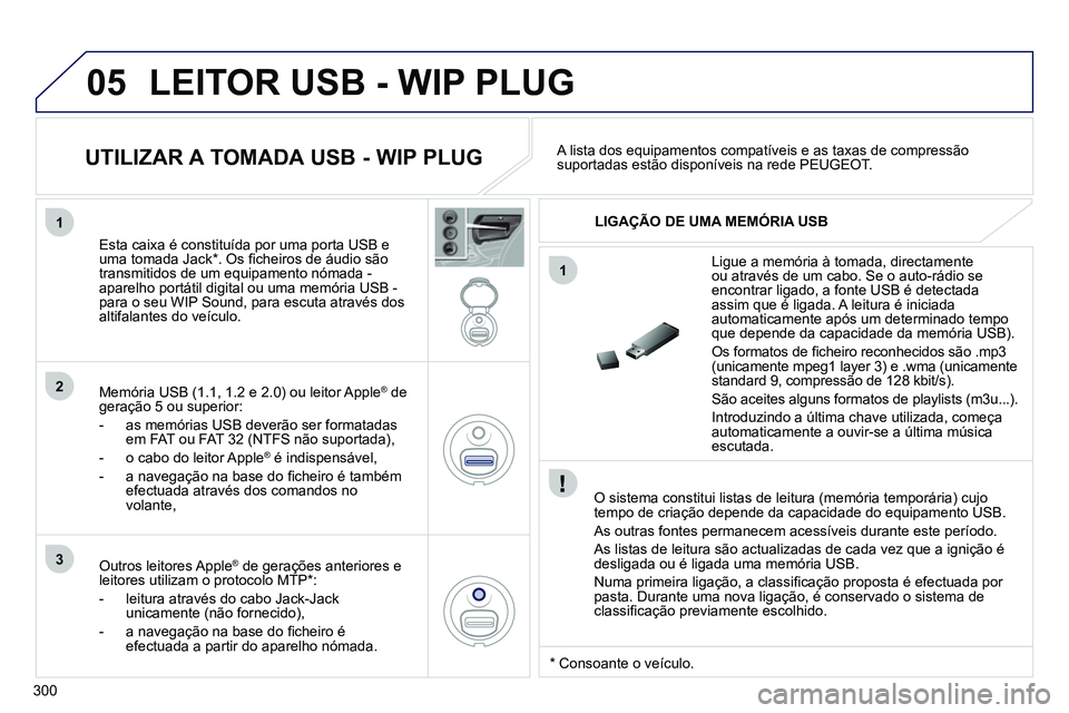PEUGEOT 3008 2012  Manual de utilização (in Portuguese) 300
05
1
1
2
3
  LEITOR USB - WIP PLUG 
 
 
O sistema constitui listas de leitura (memória temporária) cujo 
tempo de criação depende da capacidade do equipamento USB. 
  As outras fontes permanec