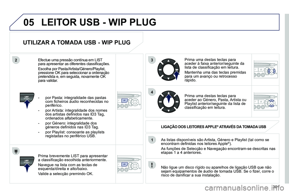 PEUGEOT 3008 2012  Manual de utilização (in Portuguese) 301
3
4
05
2
1
LISTREFRESH
LISTREFRESH
   
UTILIZAR A TOMADA USB - WIP PLUG 
 
 
Prima brevemente LIST para apresentar 
a classiﬁ cação escolhida anteriormente. 
  Navegue na lista com as teclas d