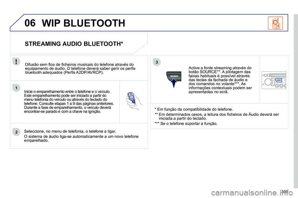 PEUGEOT 3008 2012  Manual de utilização (in Portuguese) 305
1
2
3
06
SOURCE
   
Inicie o emparelhamento entre o telefone e o veículo. 
Este emparelhamento pode ser iniciado a partir do 
menu telefonia do veículo ou através do teclado do 
telefone. Consu