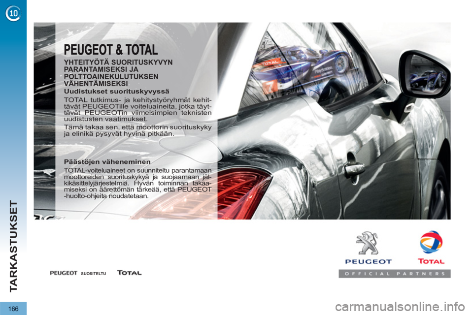 PEUGEOT 3008 2012  Omistajan Käsikirja (in Finnish) 166
TARKASTUKSET
   
YHTEITYÖTÄ SUORITUSKYVYN 
PARANTAMISEKSI JA 
POLTTOAINEKULUTUKSEN 
VÄHENTÄMISEKSI 
   
Uudistukset suorituskyvyssä 
  TOTAL tutkimus- ja kehitystyöryhmät kehit-
tävät PEU