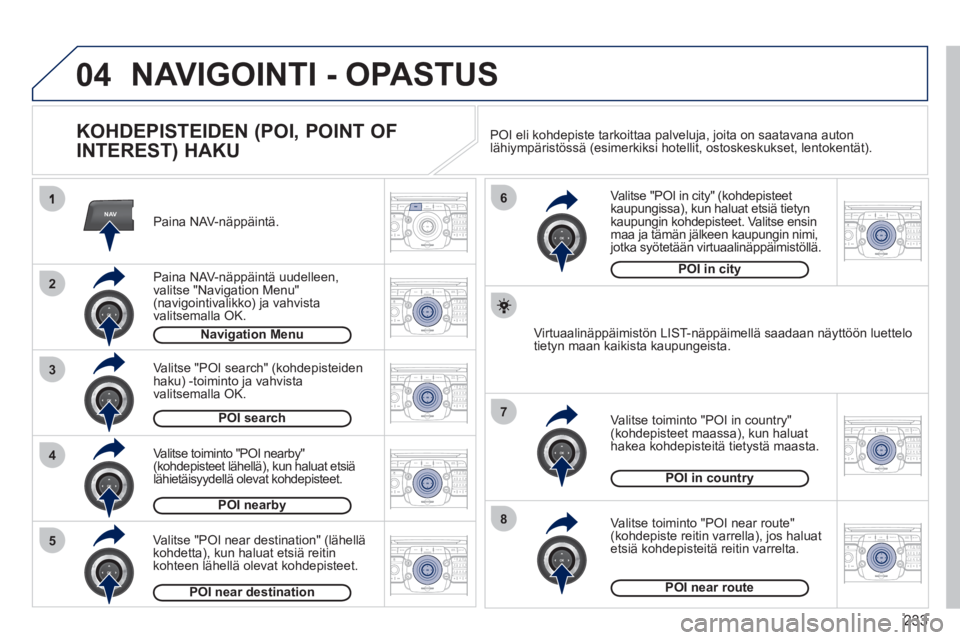 PEUGEOT 3008 2012  Omistajan Käsikirja (in Finnish) 233
04
NAV
3
4
6
7
8
2
5
2ABC3DEF5JKL4GHI6MNO8TUV7PQRS9WXYZ0*#
1RADIO MEDIANAV ESC TRAFFIC
SETUPADDR
BOOK
2ABC3DEF5JKL4GHI6MNO8TUV7PQRS9WXYZ0*#
1RADIO MEDIANAV ESC TRAFFIC
SETUPADDR
BOOK
2ABC3DEF5JKL4