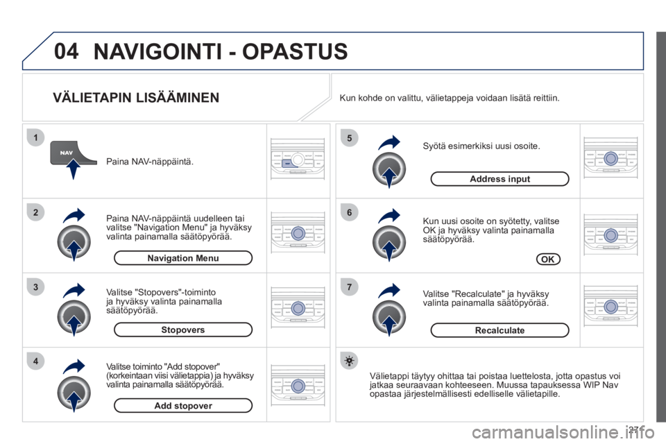 PEUGEOT 3008 2012  Omistajan Käsikirja (in Finnish) 271
04
7
6
5
4
3
2
1
   
VÄLIETAPIN LISÄÄMINEN 
 
 Syötä esimerkiksi uusi osoite. 
   
Kun uusi osoite on syötetty, valitseOK ja hyväksy valinta painamallasäätöpyörää.
   
Valitse "Recalc