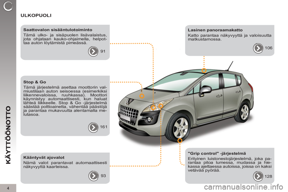 PEUGEOT 3008 2012  Omistajan Käsikirja (in Finnish) 4
  ULKOPUOLI  
 
 
"Grip control" -järjestelmä 
  Erityinen luistonestojärjestelmä, joka pa-
rantaa pitoa lumessa, mudassa ja hie-
kassa ajettaessa autoissa, joissa on kaksi 
vetävää pyörää