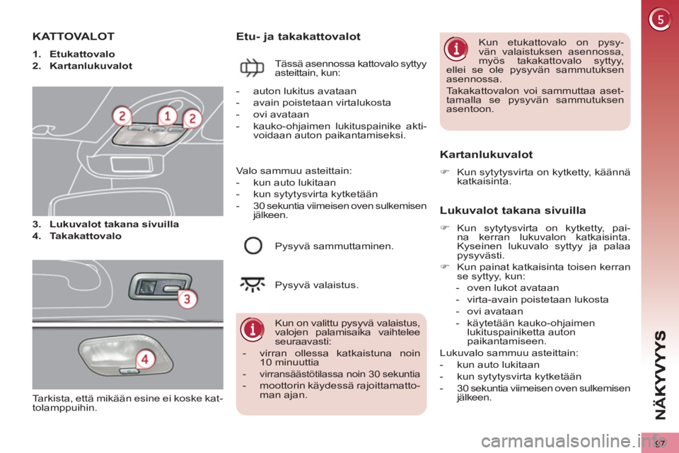 PEUGEOT 3008 2012 Omistajan Käsikirja (in Finnish) 97
NÄ
KATTOVALOT
1.
Etukattovalo
2.
Kartanlukuvalot
3.
Lukuvalot takana sivuilla
4.
Takakattovalo
Etu- ja takakattovalot
Tässä asennossa kattovalo PEUGEOT 3008 2012 Omistajan Käsikirja (in Finnish) 97
NÄ
KATTOVALOT
1.
Etukattovalo
2.
Kartanlukuvalot
3.
Lukuvalot takana sivuilla
4.
Takakattovalo
Etu- ja takakattovalot
Tässä asennossa kattovalo
