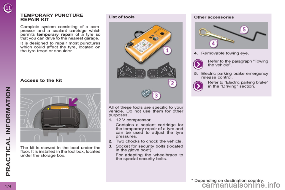 PEUGEOT 3008 2011.5  Owners Manual 174
PRACTICAL INFORMATION
   
 
 
 
 
 
 
 
 
 
 
 
 
 
 
 
 
TEMPORARY PUNCTURE 
REPAIR KIT 
  The kit is stowed in the boot under the 
ﬂ oor. It is installed in the tool box, located 
under the st
