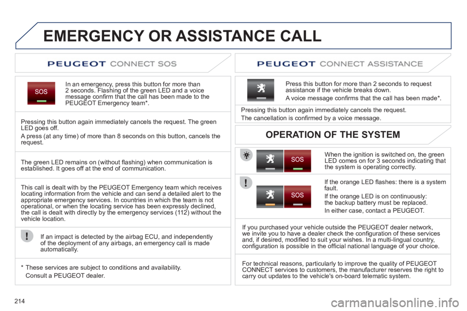 PEUGEOT 3008 2011.5 Owners Manual 214
EMERGENCY OR ASSISTANCE CALL
In an emergency, press this button for more than
2 seconds. Flashing of the green LED and a voice
message confi rm that the call PEUGEOT 3008 2011.5 Owners Manual 214
EMERGENCY OR ASSISTANCE CALL
In an emergency, press this button for more than
2 seconds. Flashing of the green LED and a voice
message confi rm that the call