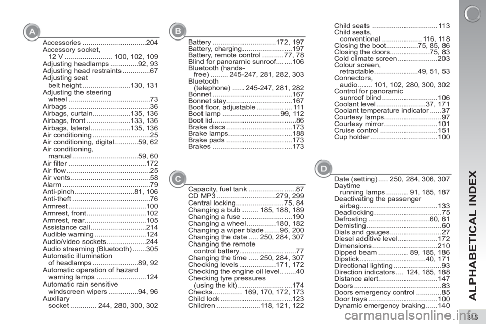 PEUGEOT 3008 2011.5  Owners Manual A
CB
D
315
ALPHABETICAL INDEX
Accessories ................................204
Accessory socket, 
12 V ........................ 100, 102, 109
Adjusting headlamps ..............92, 93
Adjusting head res