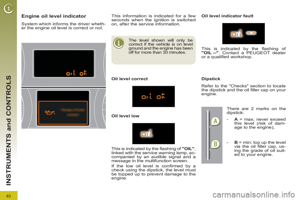 PEUGEOT 3008 2011.5  Owners Manual 40
INSTRUMENTS and CONTROLS
   
The level shown will only be 
correct if the vehicle is on level 
ground and the engine has been 
off for more than 30 minutes. 
   
 
 
 
 
 
 
 
 
 
 
 
 
 
 
Engine 
