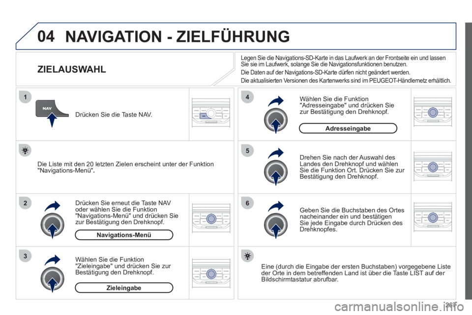 PEUGEOT 3008 2011.5 Betriebsanleitungen (in German) 267
04
1
2
3
5
6
4
NAVIGATION - ZIELFÜHRUNG
ZIELAUSWAHL
Drücken Sie erneut die Taste NAV
oder wählen Sie die Funktion
"Navigations-Menü" und drücken Sie PEUGEOT 3008 2011.5 Betriebsanleitungen (in German) 267
04
1
2
3
5
6
4
NAVIGATION - ZIELFÜHRUNG
ZIELAUSWAHL
Drücken Sie erneut die Taste NAV
oder wählen Sie die Funktion
"Navigations-Menü" und drücken Sie