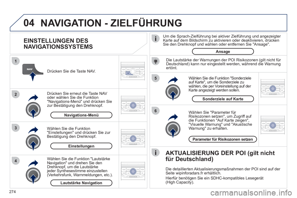 PEUGEOT 3008 2011.5  Betriebsanleitungen (in German) 274
04
5
6
3 2 1
4
   
EINSTELLUNGEN DES 
NAVIGATIONSSYSTEMS 
   
Wählen Sie  "Parameter für 
Risikozonen setzen" , um Zugriff auf 
die Funktionen  "Auf Karte zeigen" , 
  "Visuelle Warnung"  und  "
