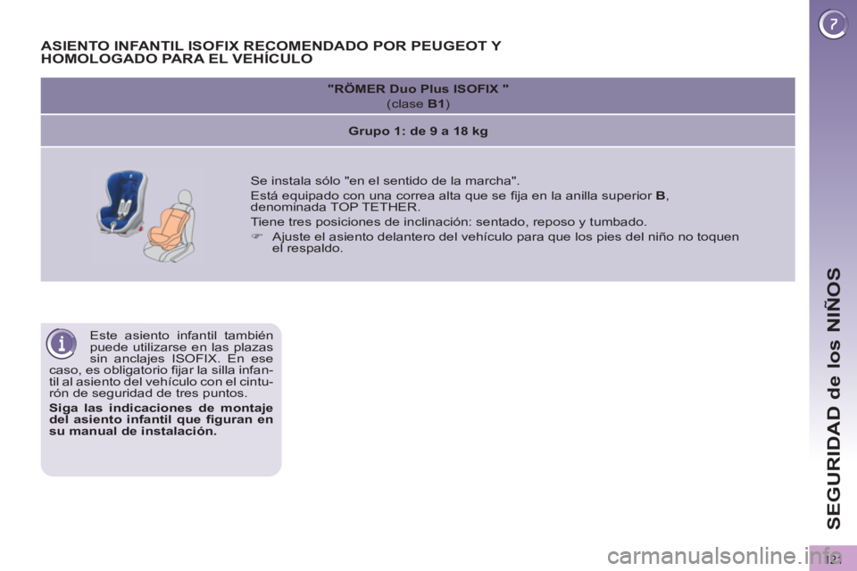 PEUGEOT 3008 2011.5  Manual del propietario (in Spanish) 121
SEGURIDAD de los NIÑOS
  Este asiento infantil también 
puede utilizarse en las plazas 
sin anclajes ISOFIX. En ese 
caso, es obligatorio ﬁ jar la silla infan-
til al asiento del vehículo con