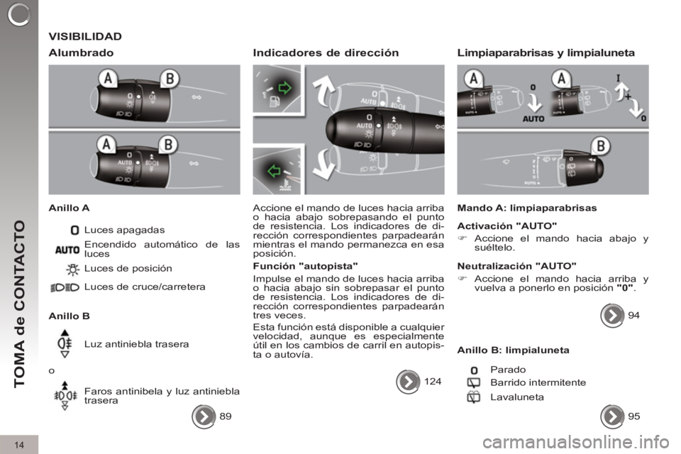PEUGEOT 3008 2011.5  Manual del propietario (in Spanish) 14
TOMA de CONTACTO
  VISIBILIDAD 
   
Alumbrado 
 
 
Anillo A 
  Luces apagadas 
   
Anillo B   Luces de posición 
  Luces de cruce/carretera  
  Luz antiniebla trasera 
  o 
  Faros antinibela y lu