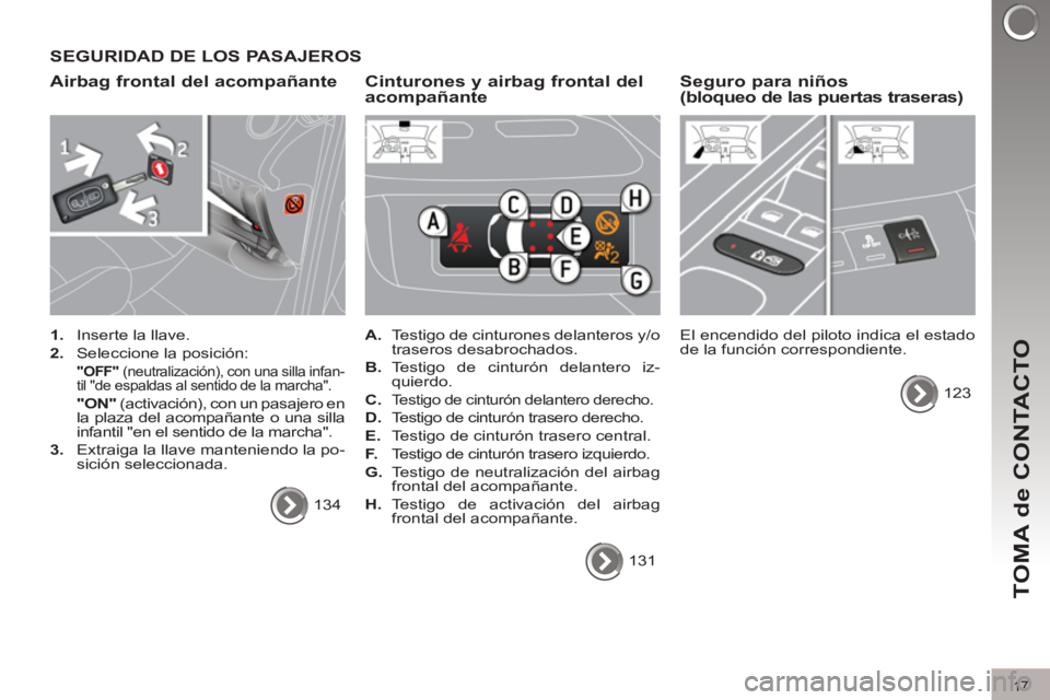 PEUGEOT 3008 2011.5  Manual del propietario (in Spanish) 17
TOMA de CONTACTO
  SEGURIDAD DE LOS PASAJEROS 
   
Airbag frontal del acompañante 
 
 
 
1. 
  Inserte la llave. 
   
2. 
  Seleccione la posición:  
  
"OFF" 
 (neutralización), con una silla i