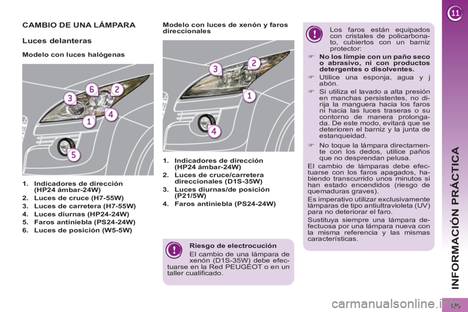 PEUGEOT 3008 2011.5 Manual del propietario (in Spanish) 185
INFORMACIÓN PRÁCTICA
Riesgo de electrocución
El cambio de una lámpara de
xenón (D1S-35W) debe efec-
tuarse en la Red PEUGEOT o en un
taller cualifi cado.
PEUGEOT 3008 2011.5 Manual del propietario (in Spanish) 185
INFORMACIÓN PRÁCTICA
Riesgo de electrocución
El cambio de una lámpara de
xenón (D1S-35W) debe efec-
tuarse en la Red PEUGEOT o en un
taller cualifi cado.