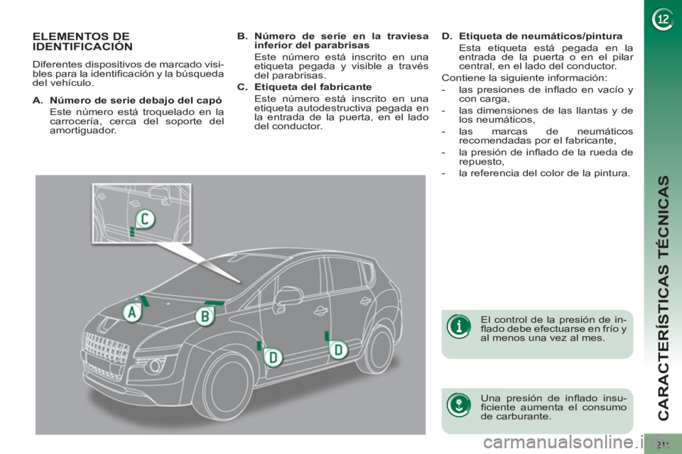 PEUGEOT 3008 2011.5 Manual del propietario (in Spanish) 211
CARACTERÍSTICAS TÉCNICAS
ELEMENTOS DE
IDENTIFICACIÓN
Diferentes dispositivos de marcado visi-
bles para la identifi cación y la búsqueda
PEUGEOT 3008 2011.5 Manual del propietario (in Spanish) 211
CARACTERÍSTICAS TÉCNICAS
ELEMENTOS DE
IDENTIFICACIÓN
Diferentes dispositivos de marcado visi-
bles para la identifi cación y la búsqueda