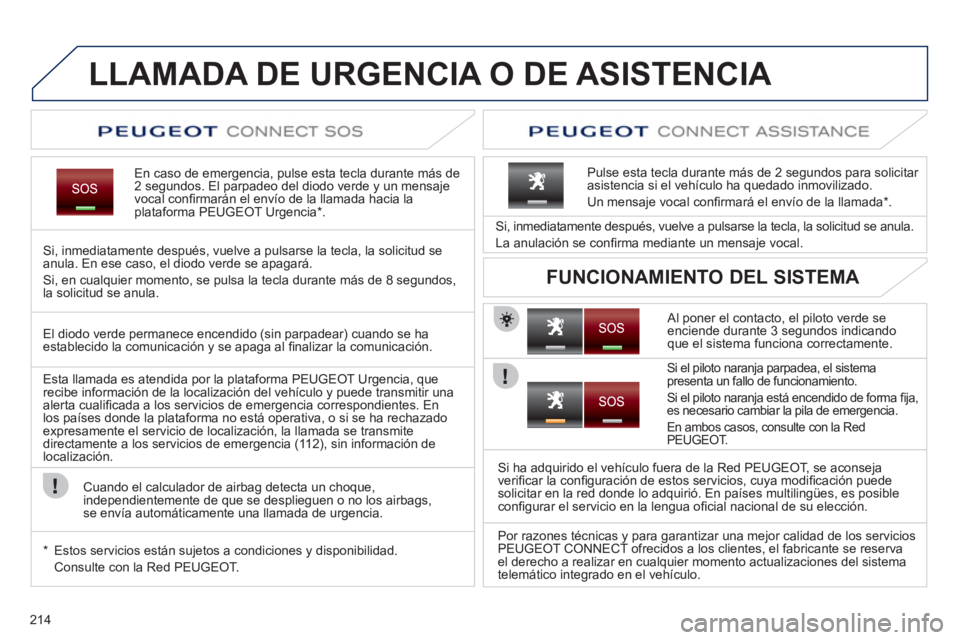 PEUGEOT 3008 2011.5 Manual del propietario (in Spanish) 214
LLAMADA DE URGENCIA O DE ASISTENCIA
En caso de emergencia, pulse esta tecla durante más de
2 segundos. El parpadeo del diodo verde y un mensaje
vocal confi PEUGEOT 3008 2011.5 Manual del propietario (in Spanish) 214
LLAMADA DE URGENCIA O DE ASISTENCIA
En caso de emergencia, pulse esta tecla durante más de
2 segundos. El parpadeo del diodo verde y un mensaje
vocal confi