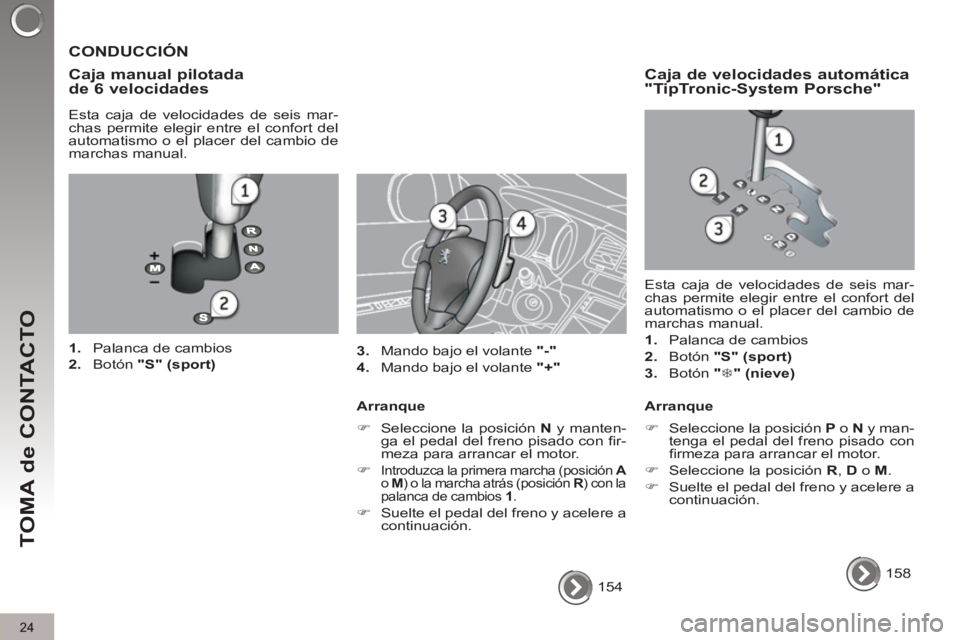 PEUGEOT 3008 2011.5 Manual del propietario (in Spanish) 24
TOMA de CONTACTO
154
CONDUCCIÓN
Caja manual pilotada
de 6 velocidades
Esta caja de velocidades de seis mar-
chas permite elegir entre el confort del
automatismo o el placer del PEUGEOT 3008 2011.5 Manual del propietario (in Spanish) 24
TOMA de CONTACTO
154
CONDUCCIÓN
Caja manual pilotada
de 6 velocidades
Esta caja de velocidades de seis mar-
chas permite elegir entre el confort del
automatismo o el placer del