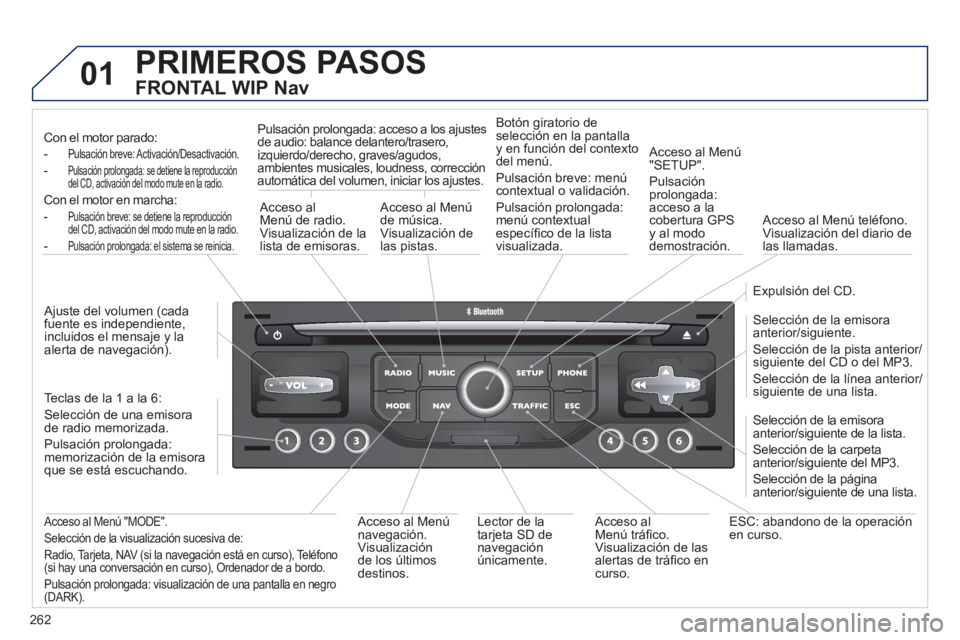 PEUGEOT 3008 2011.5 Manual del propietario (in Spanish) 262
01 PRIMEROS PASOS
FRONTAL WIP Nav
Con el motor parado:
-
Pulsación breve: Activación/Desactivación.
- Pulsación prolongada: se detiene la reproducción
del CD, activación del PEUGEOT 3008 2011.5 Manual del propietario (in Spanish) 262
01 PRIMEROS PASOS
FRONTAL WIP Nav
Con el motor parado:
-
Pulsación breve: Activación/Desactivación.
- Pulsación prolongada: se detiene la reproducción
del CD, activación del