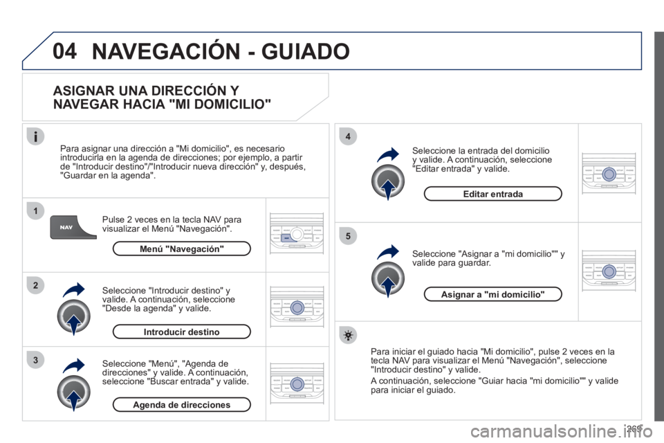 PEUGEOT 3008 2011.5 Manual del propietario (in Spanish) 269
04
1
2
3
5
4
NAVEGACIÓN - GUIADO
ASIGNAR UNA DIRECCIÓN Y
NAVEGAR HACIA "MI DOMICILIO"
Pulse 2 veces en la tecla NAV para
visualizar el Menú "Navegación".
Para asignar una di PEUGEOT 3008 2011.5 Manual del propietario (in Spanish) 269
04
1
2
3
5
4
NAVEGACIÓN - GUIADO
ASIGNAR UNA DIRECCIÓN Y
NAVEGAR HACIA "MI DOMICILIO"
Pulse 2 veces en la tecla NAV para
visualizar el Menú "Navegación".
Para asignar una di