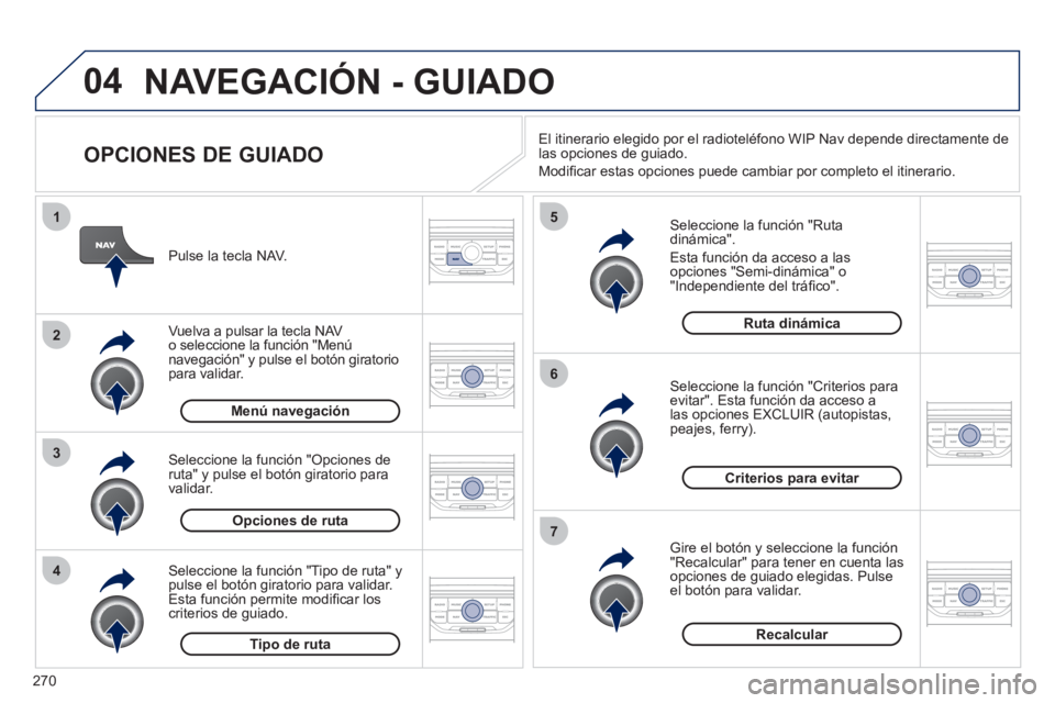 PEUGEOT 3008 2011.5 Manual del propietario (in Spanish) 270
04
4
3
2
1
7
6
5
NAVEGACIÓN - GUIADO
OPCIONES DE GUIADO
Seleccione la función "Ruta
dinámica".
Esta función da acceso a las
opciones "Semi-dinámica" o
"Independiente del tr PEUGEOT 3008 2011.5 Manual del propietario (in Spanish) 270
04
4
3
2
1
7
6
5
NAVEGACIÓN - GUIADO
OPCIONES DE GUIADO
Seleccione la función "Ruta
dinámica".
Esta función da acceso a las
opciones "Semi-dinámica" o
"Independiente del tr