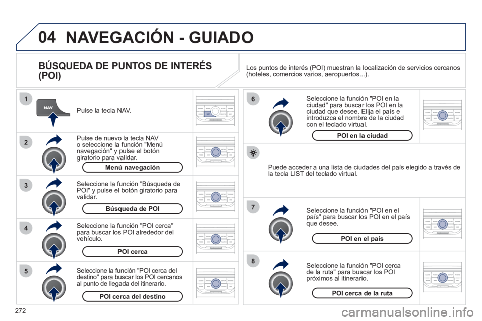 PEUGEOT 3008 2011.5 Manual del propietario (in Spanish) 272
04
8
6
7
4
3
5
2
1
NAVEGACIÓN - GUIADO
BÚSQUEDA DE PUNTOS DE INTERÉS
(POI)
Pulse la tecla NAV.
Pulse de nuevo la tecla NAV
o seleccione la función "Menú
navegación" y pu PEUGEOT 3008 2011.5 Manual del propietario (in Spanish) 272
04
8
6
7
4
3
5
2
1
NAVEGACIÓN - GUIADO
BÚSQUEDA DE PUNTOS DE INTERÉS
(POI)
Pulse la tecla NAV.
Pulse de nuevo la tecla NAV
o seleccione la función "Menú
navegación" y pu
