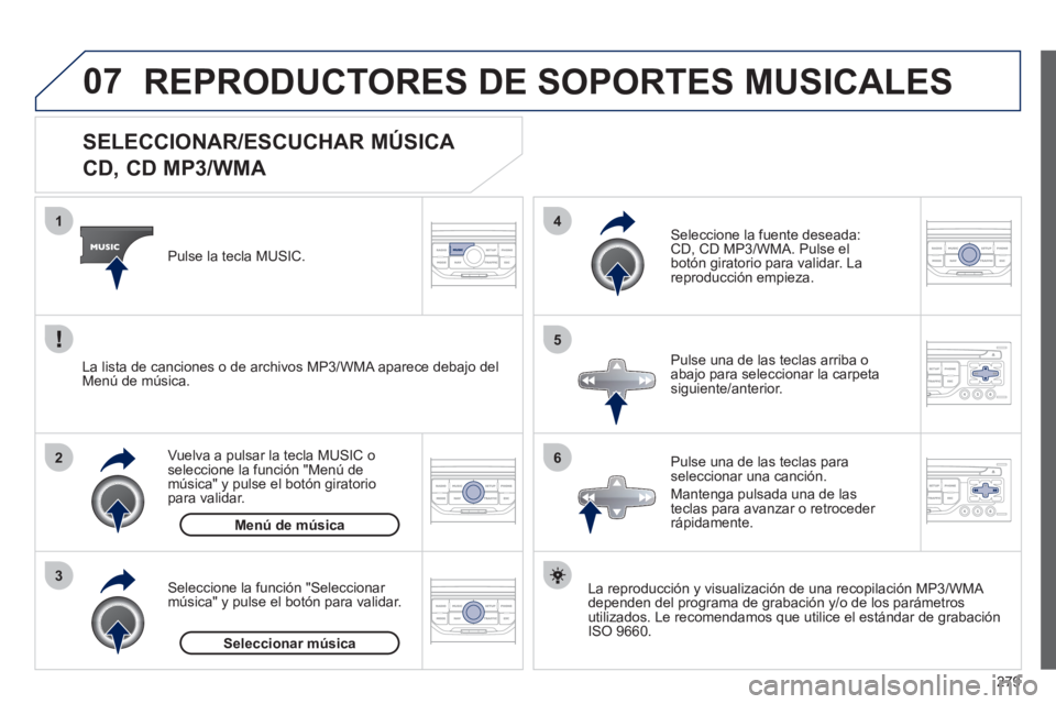 PEUGEOT 3008 2011.5  Manual del propietario (in Spanish) 279
07
3 2 1
6
4
5
   
 
 
 
 
 
 
 
 
 
 
 
SELECCIONAR/ESCUCHAR MÚSICA  
CD, CD MP3/WMA 
   
La reproducción y visualización de una recopilación MP3/WMA 
dependen del programa de grabación y/o 