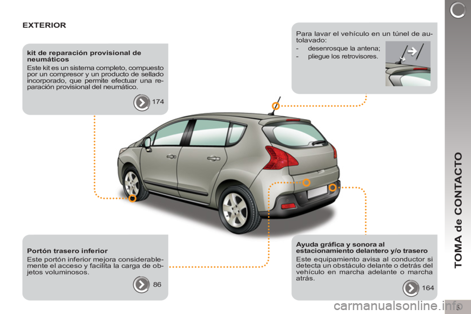 PEUGEOT 3008 2011.5  Manual del propietario (in Spanish) 5
TOMA de CONTACTO
  EXTERIOR  
 
 
kit de reparación provisional de 
neumáticos 
  Este kit es un sistema completo, compuesto 
por un compresor y un producto de sellado 
incorporado, que permite ef