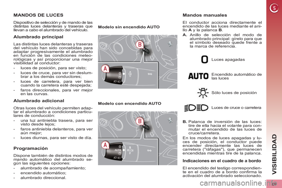 PEUGEOT 3008 2011.5 Manual del propietario (in Spanish) 89
VISIBILIDAD
MANDOS DE LUCES
Dispositivo de selección y de mando de las
distintas luces delanteras y traseras que
llevan a cabo el alumbrado del vehículo.
A PEUGEOT 3008 2011.5 Manual del propietario (in Spanish) 89
VISIBILIDAD
MANDOS DE LUCES
Dispositivo de selección y de mando de las
distintas luces delanteras y traseras que
llevan a cabo el alumbrado del vehículo.
A