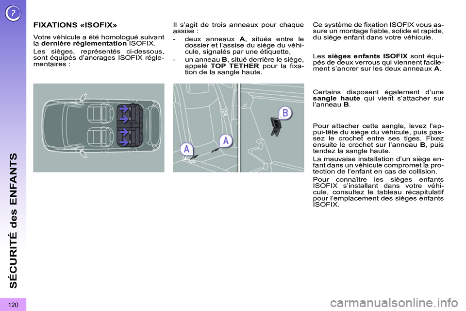 PEUGEOT 3008 2011.5  Manuel du propriétaire (in French) 120
SÉCURITÉ des ENFANTS
FIXATIONS «ISOFIX» 
  Votre véhicule a été homologué suivant 
la  dernière réglementation 
 ISOFIX. 
  Les sièges, représentés ci-dessous, 
sont équipés d’anc
